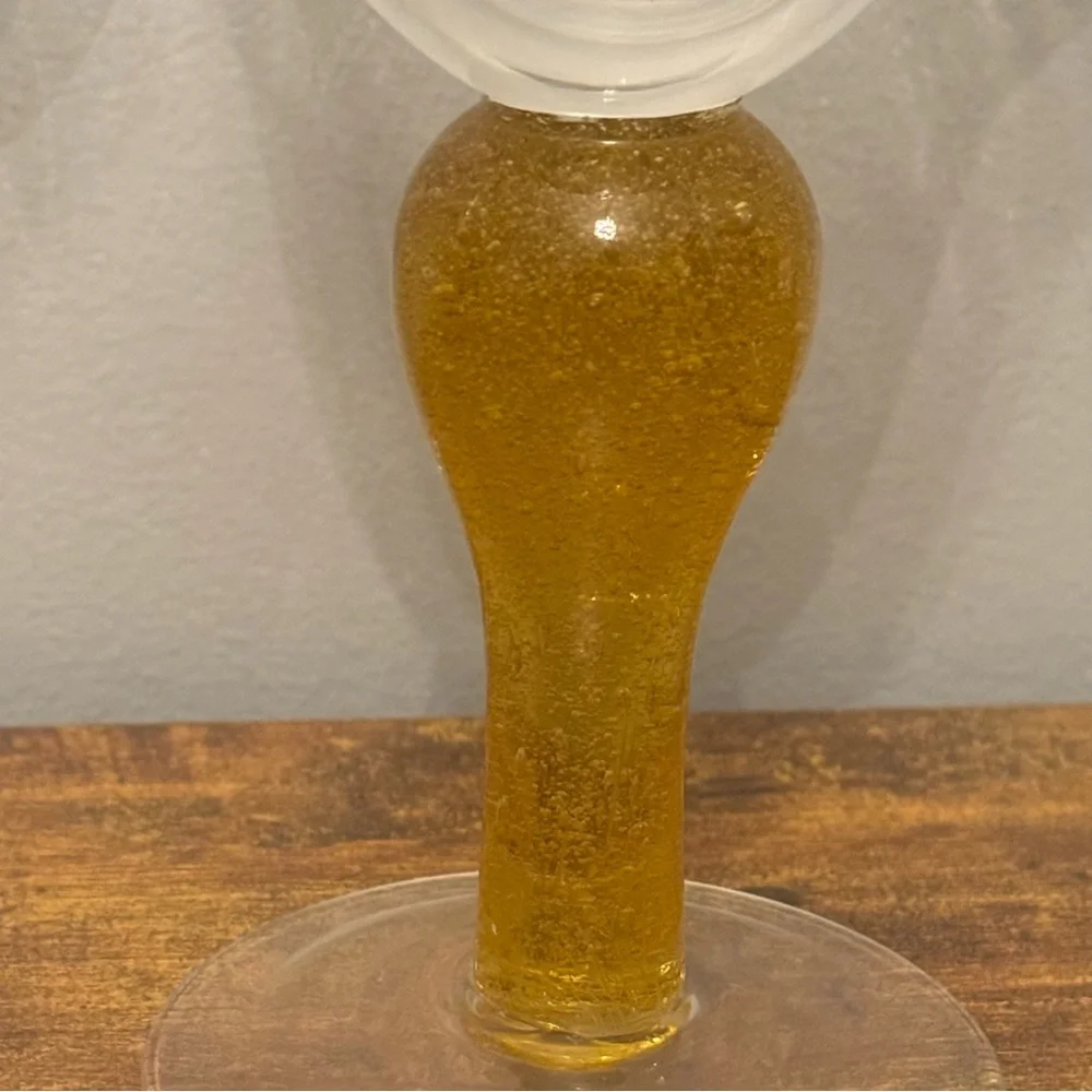 Vintage Amber Bubble‎ Stem Art Glass Wine Goblets Clear Bowl Set Of 2 Retro MCM